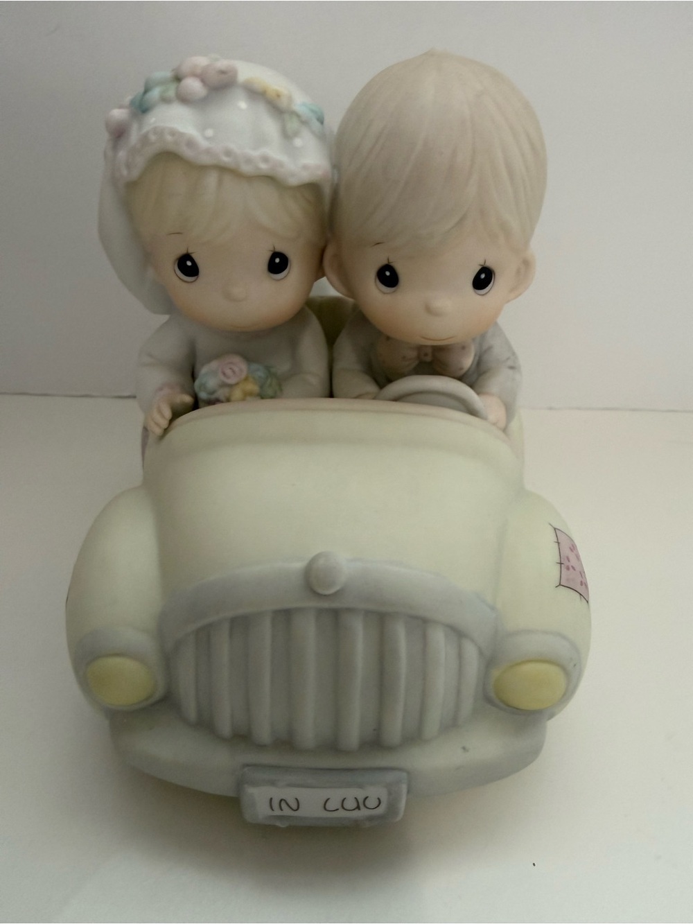 Precious Moments Bride and Groom in Cream Car with 3 cans trailing Figurine